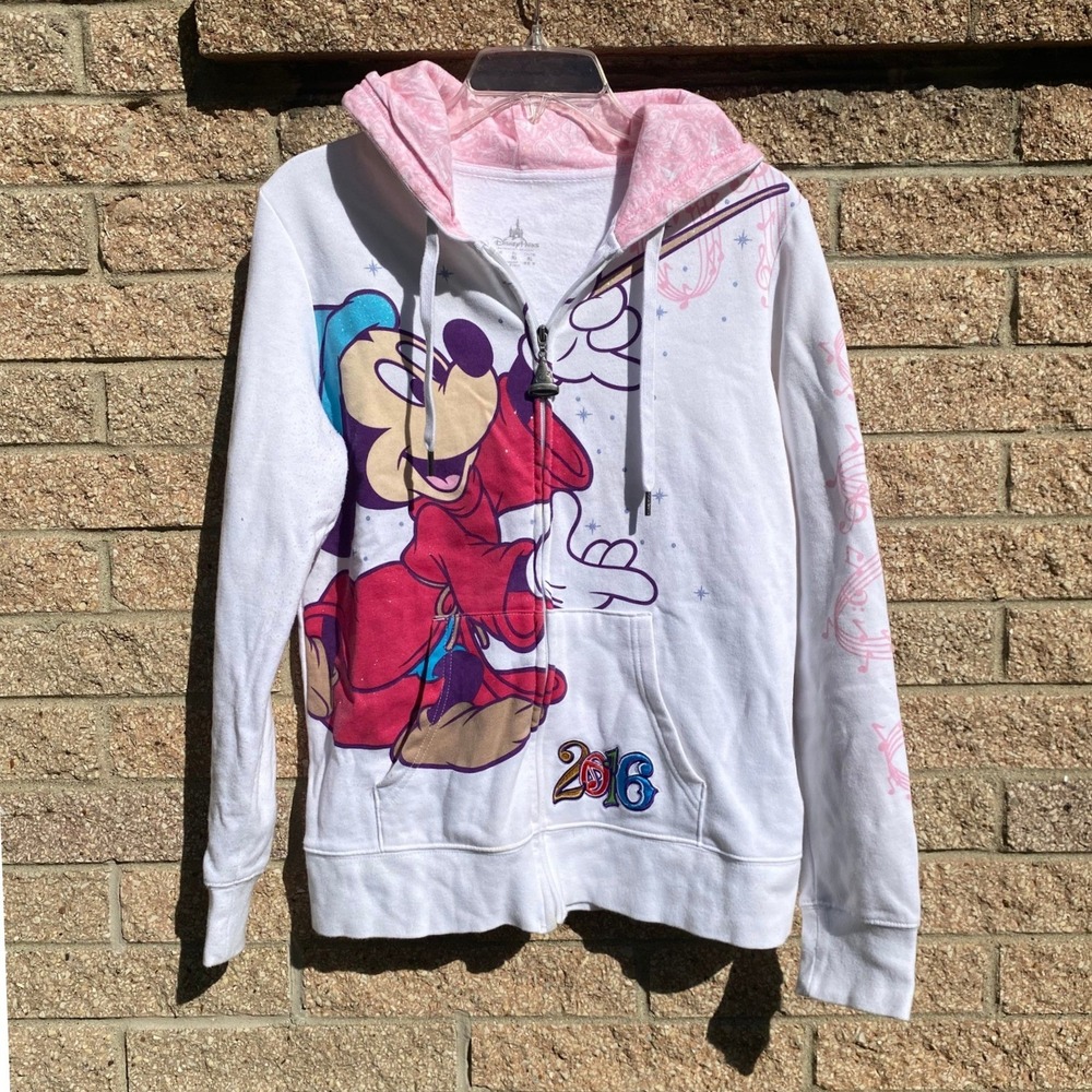 Walt Disney World 2016 Fantasia Mickey White Full Zip Hoodie Sweatshirt Large